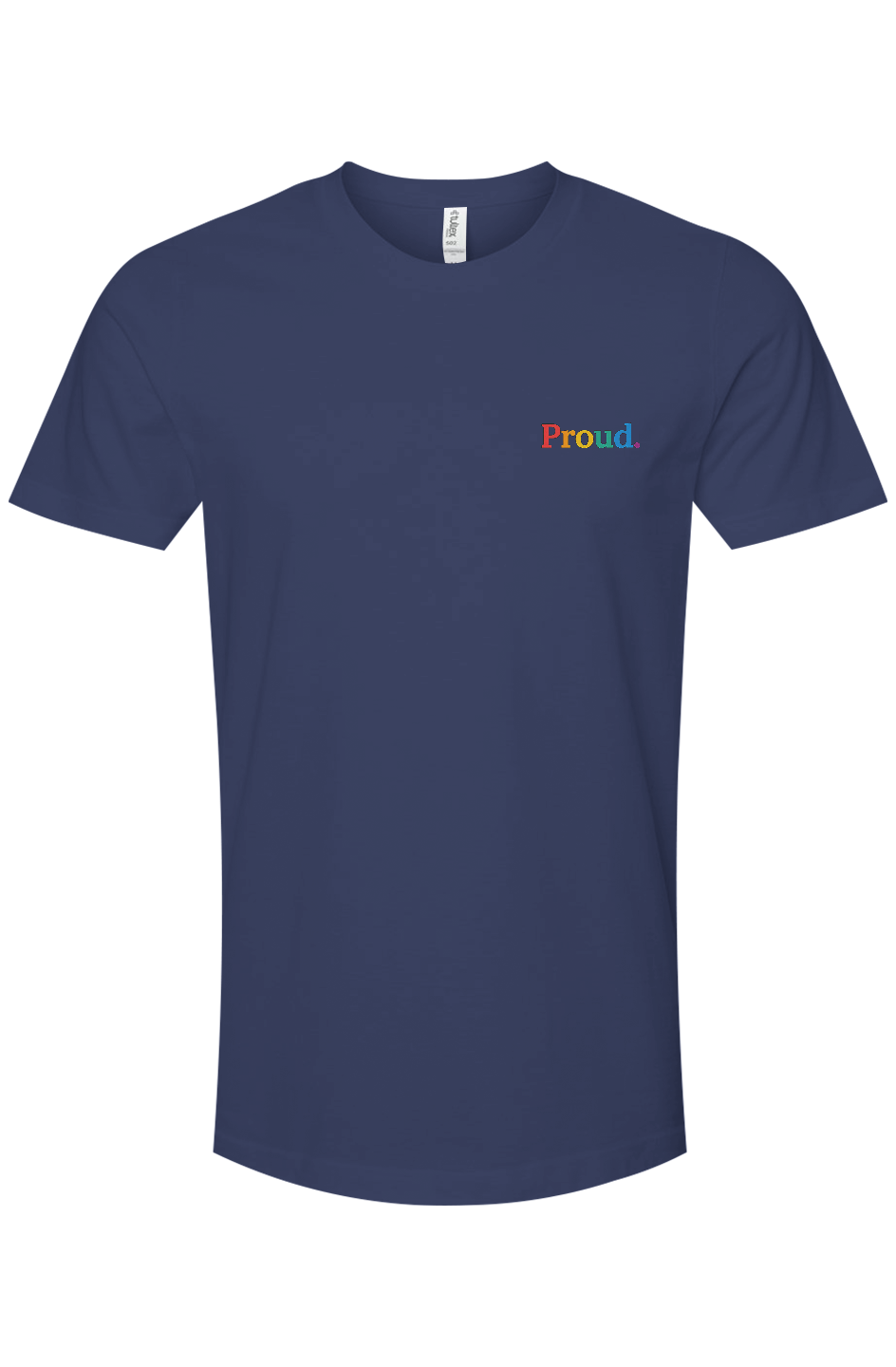 Navy blue t-shirt with 'Proud' text in multicolor on a white background. The Pride Shirt: Embroidered Proud Premium Cotton Short Sleeve T-Shirt