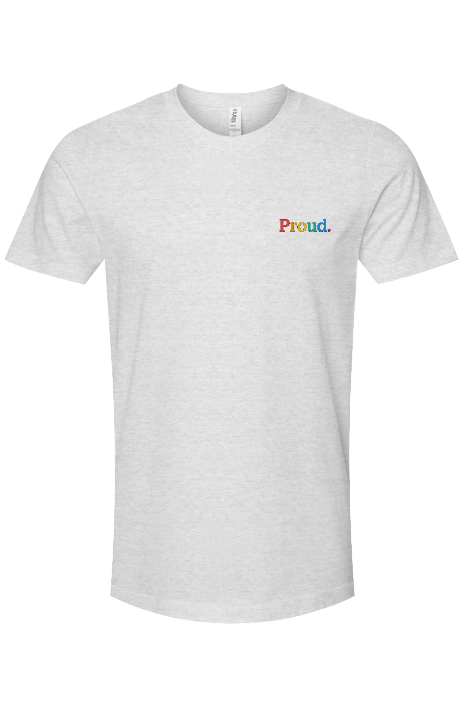 White t-shirt with 'Proud.' in colorful letters on a white background. The Pride Shirt: Embroidered Proud Premium Cotton Short Sleeve T-Shirt