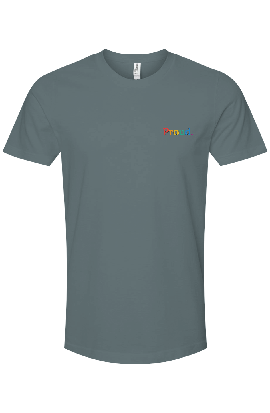 Grayish-green t-shirt with a colorful logo Proud. Logo on a white background The Pride Shirt: Embroidered Proud Premium Cotton Short Sleeve T-Shirt