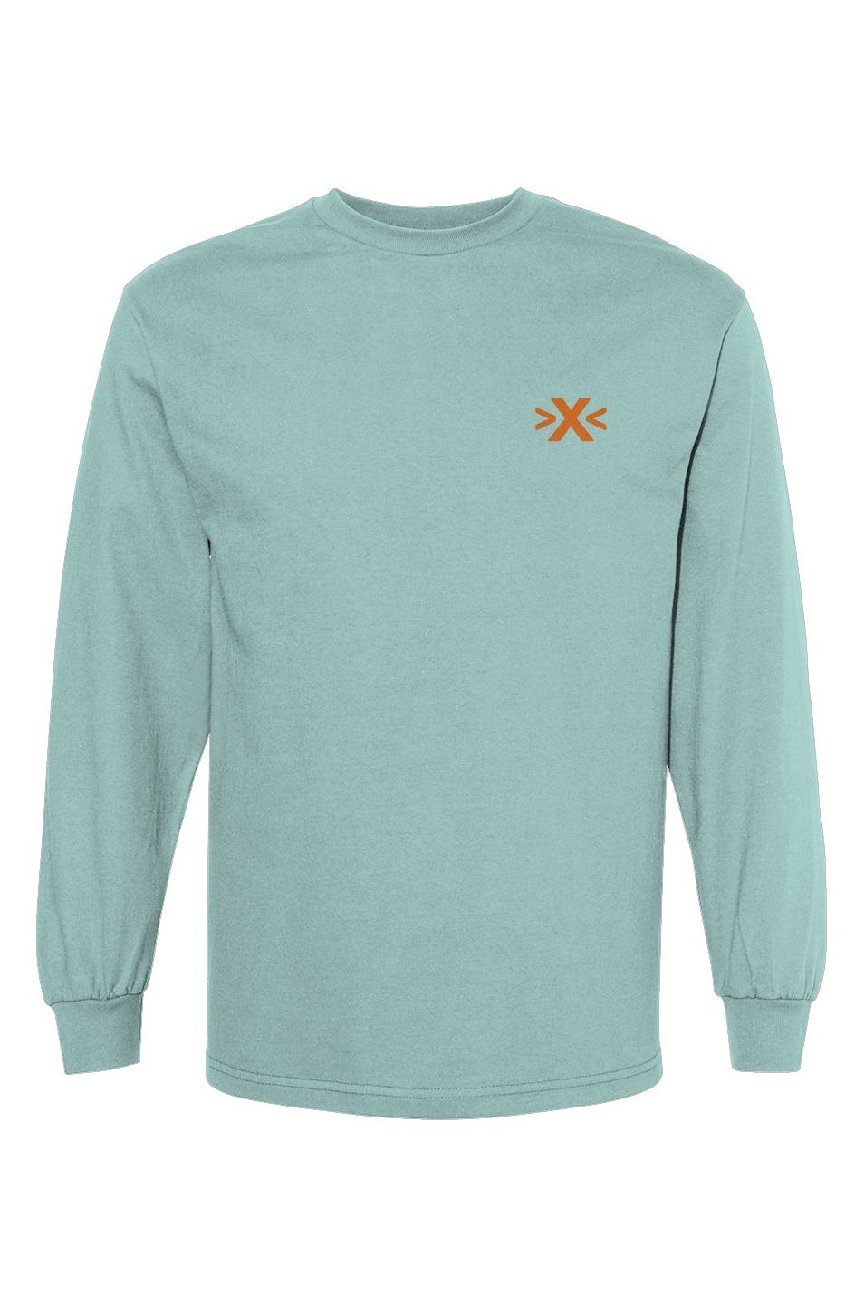 Light blue long-sleeve shirt with an orange X logo on the chest against a white background. X Cruiser Orange Embroidered Heavyweight T-Shirt