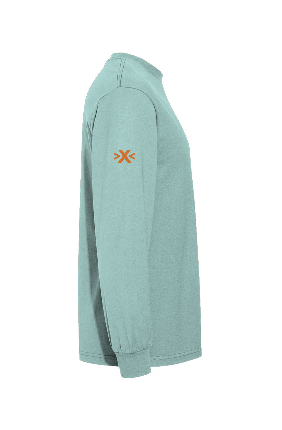 Light blue long-sleeve shirt with an orange logo on the chest against a white background. X Cruiser Orange Embroidered Heavyweight T-Shirt