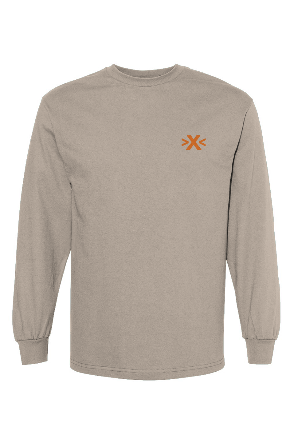 Beige long-sleeve shirt with an orange X logo on the chest against a white background. X Cruiser Orange Embroidered Heavyweight T-Shirt