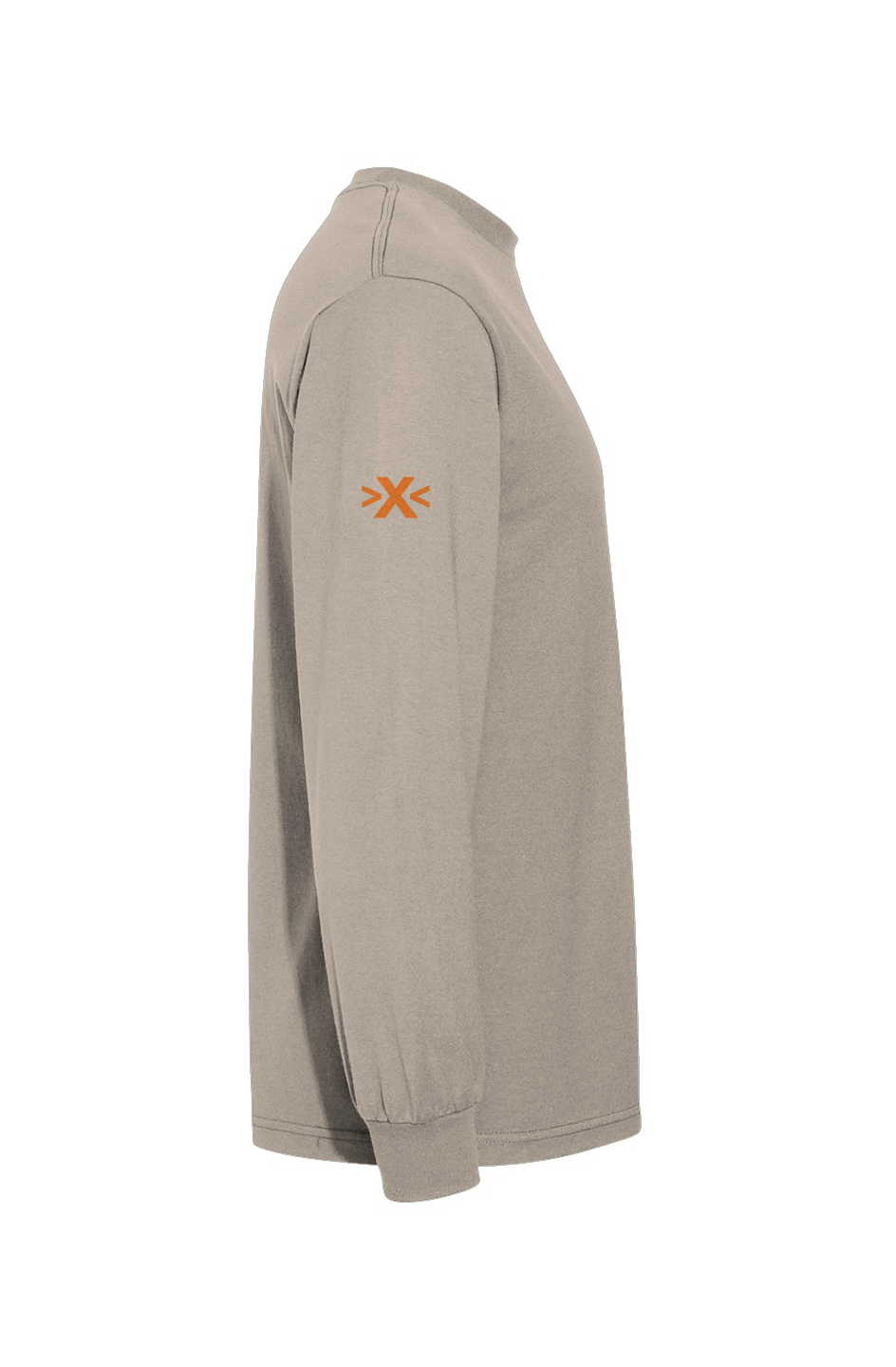 Beige long-sleeve shirt with  an orange X logo on a white background. X Cruiser Orange Embroidered Heavyweight T-Shirt