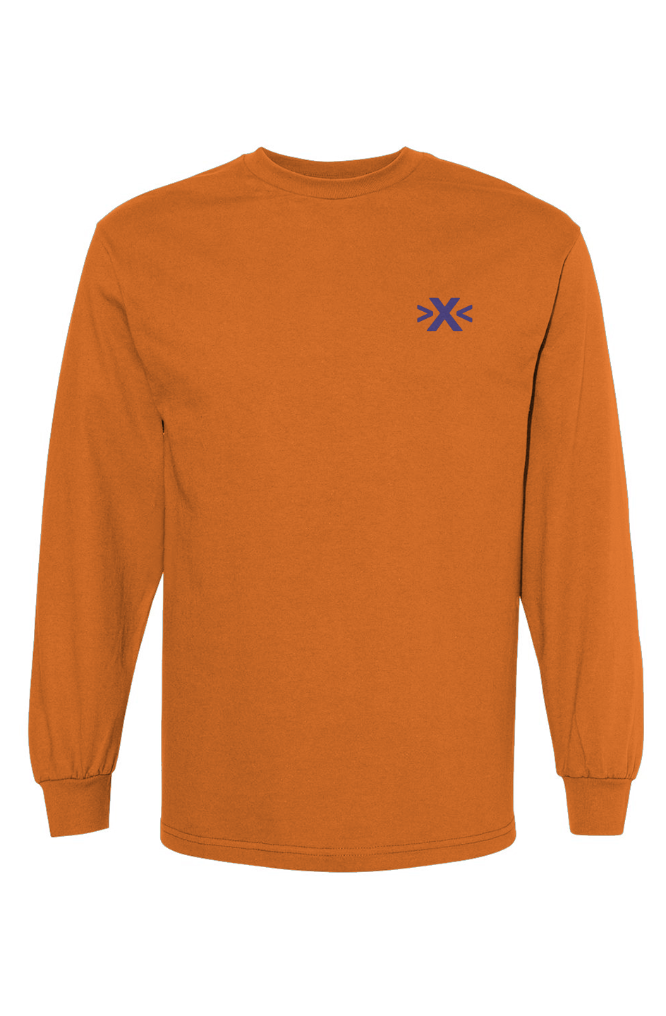 Orange long-sleeve shirt with a purple x logo on the chest against a white background. X Cruiser Purple Embroidered Heavyweight T-Shirt