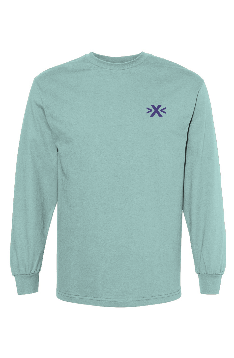 Light blue long-sleeve shirt with a purple x logo on a white background. X Cruiser Purple Embroidered Heavyweight T-Shirt