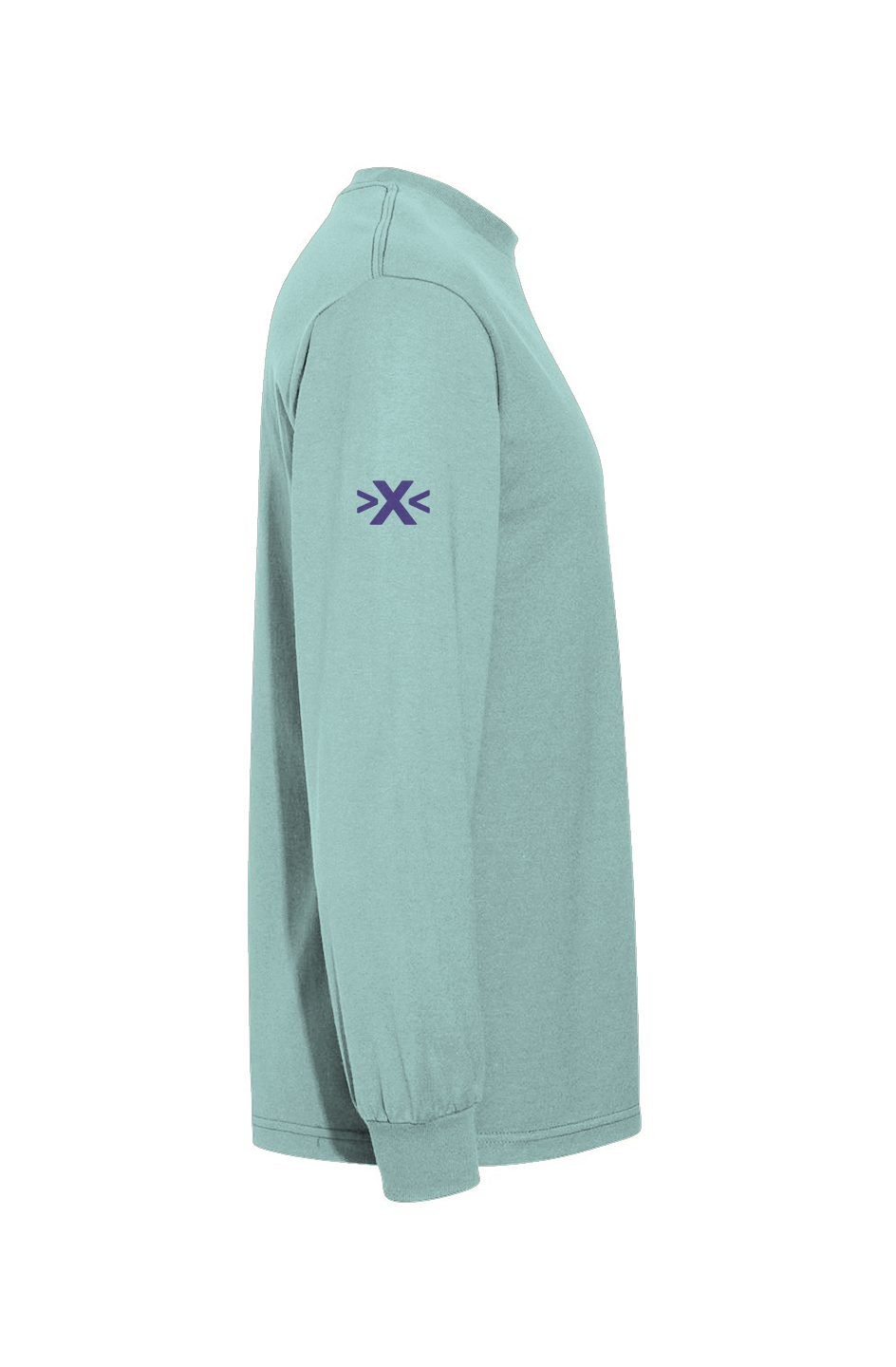 Light blue long-sleeve shirt with a purple x logo on the sleeve against a white background. X Cruiser Purple Embroidered Heavyweight T-Shirt