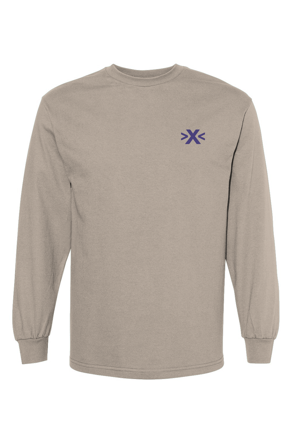 Beige long-sleeve shirt with a logo on the chest against a white background. X Cruiser Purple Embroidered Heavyweight T-Shirt
