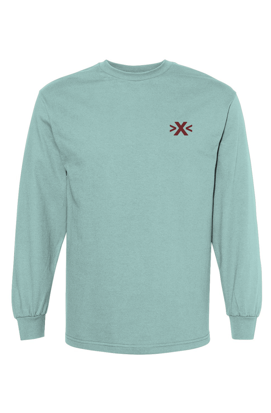 Light blue long-sleeve shirt with a red logo on a white background. X Cruiser Red Embroidered Heavyweight T-Shirt