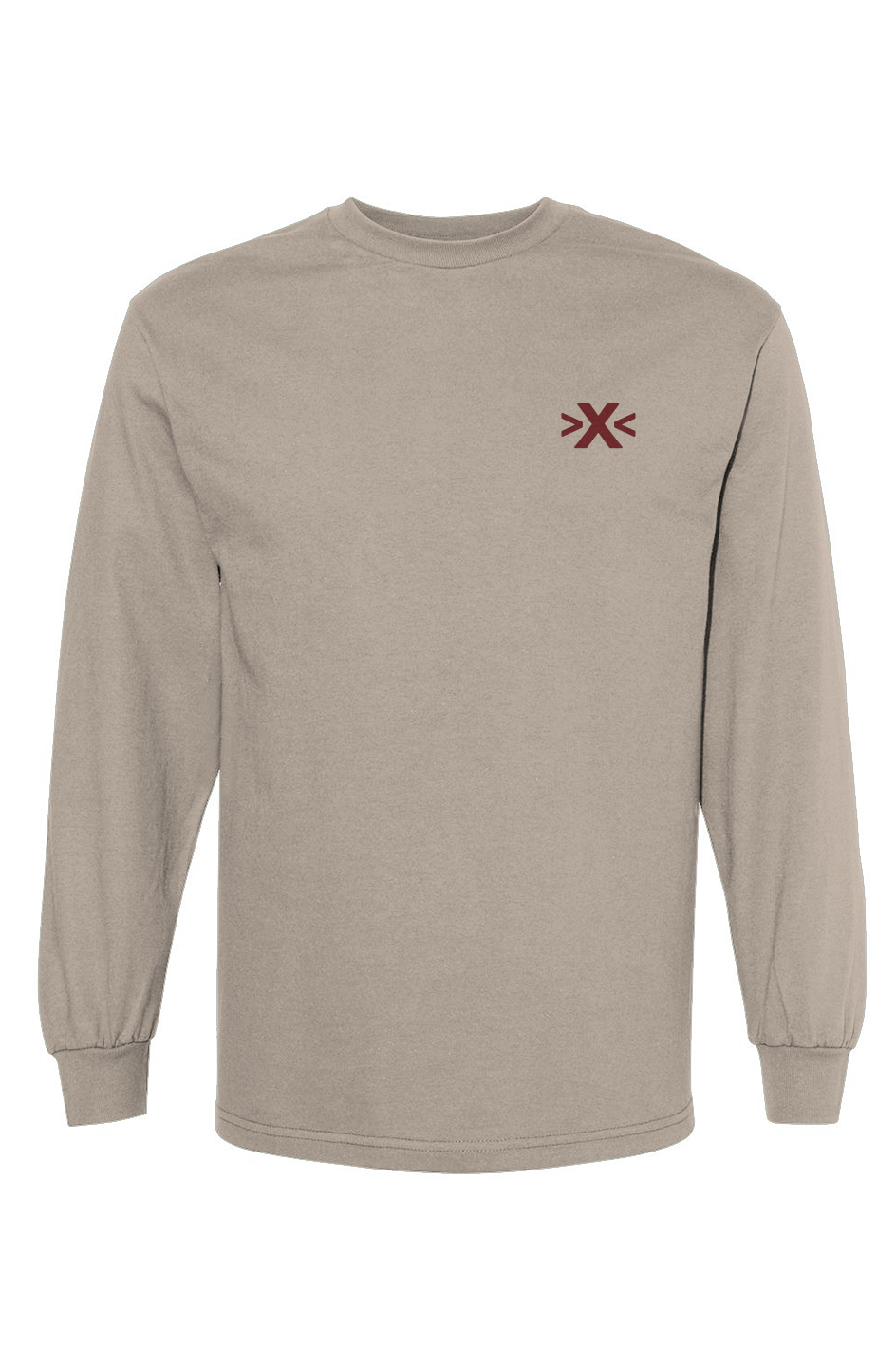 Beige long-sleeve shirt with a red logo on a white background. X Cruiser Red Embroidered Heavyweight T-Shirt
