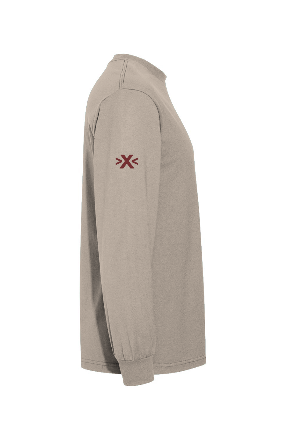 Beige long-sleeve shirt with a logo on the sleeve against a white background. X Cruiser Red Embroidered Heavyweight T-Shirt