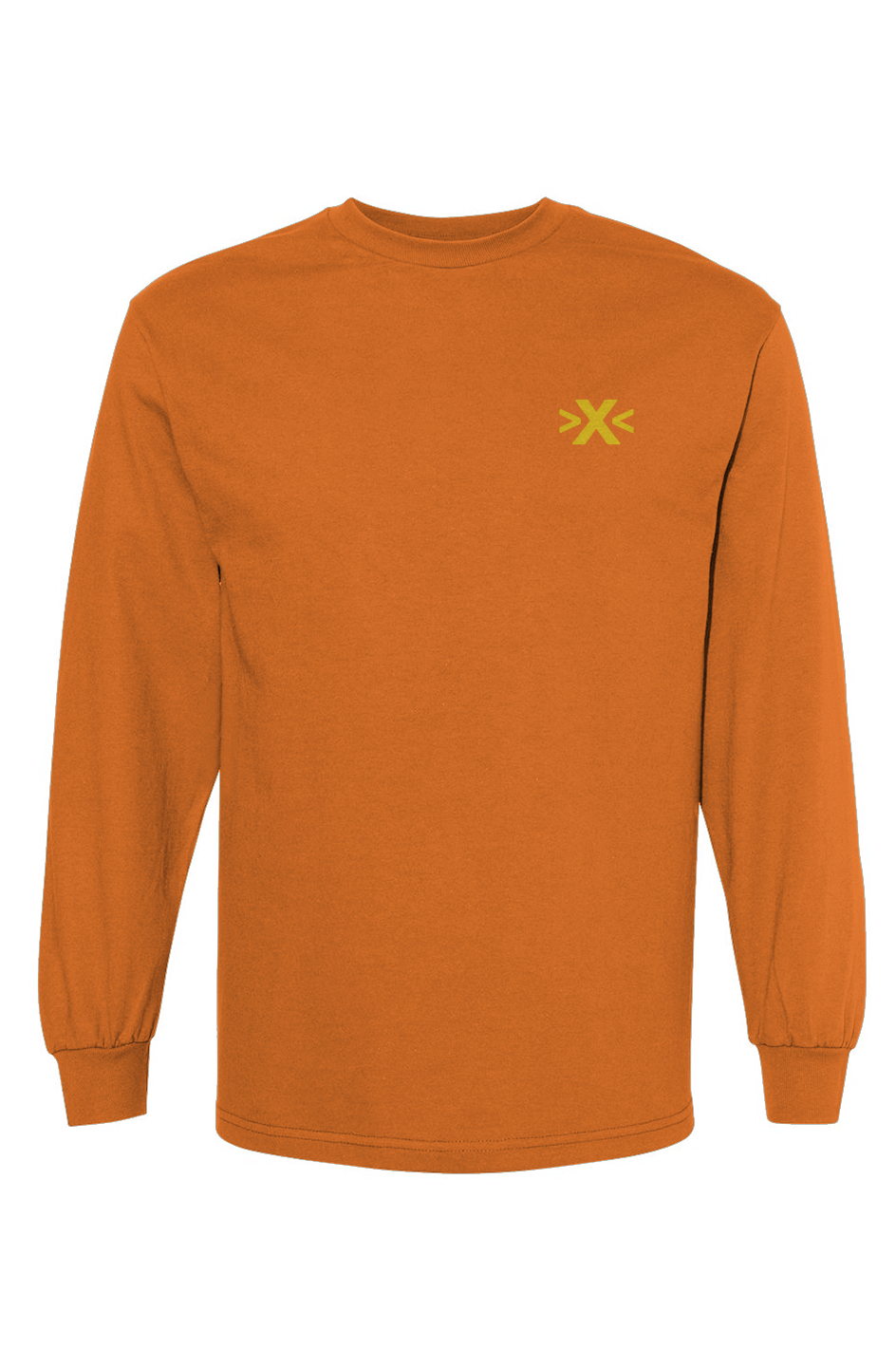 Orange long-sleeve shirt with a yellow logo on a white background. X Cruiser Yellow Embroidered Heavyweight T-Shirt