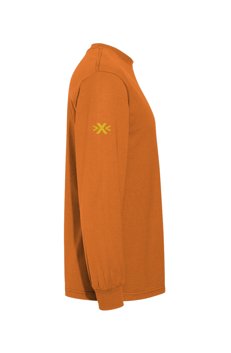 Orange long-sleeve shirt with a logo on the sleeve against a white background. X Cruiser Yellow Embroidered Heavyweight T-Shirt