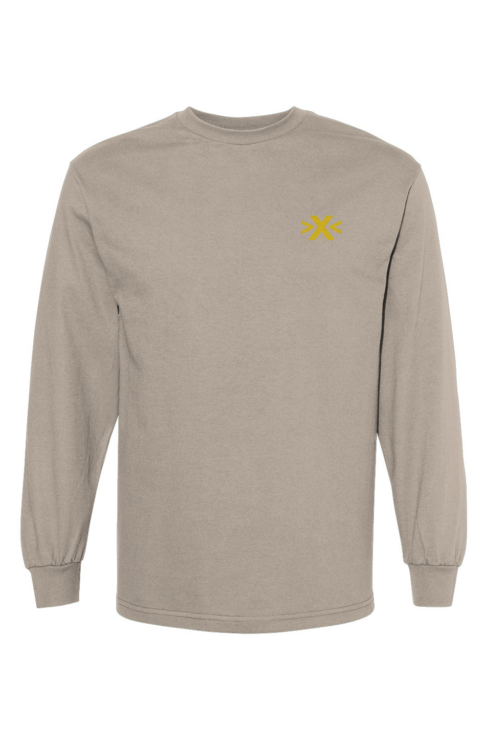 Beige long-sleeve shirt with a yellow logo on a white background. X Cruiser Yellow Embroidered Heavyweight T-Shirt