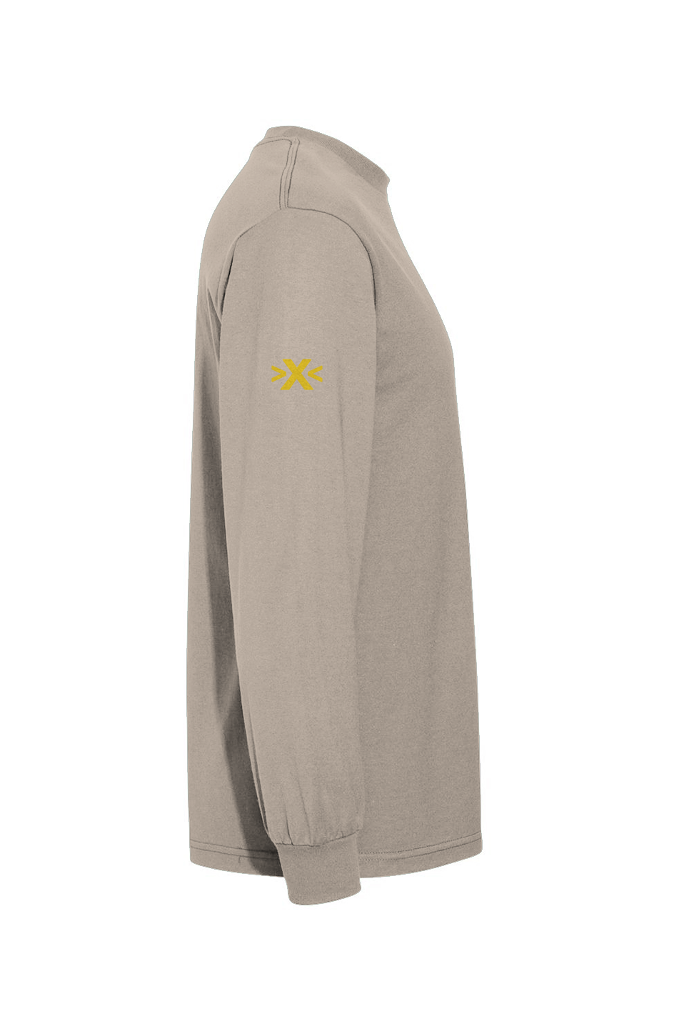 Beige long-sleeve shirt with a logo on the sleeve against a white background. X Cruiser Yellow Embroidered Heavyweight T-Shirt
