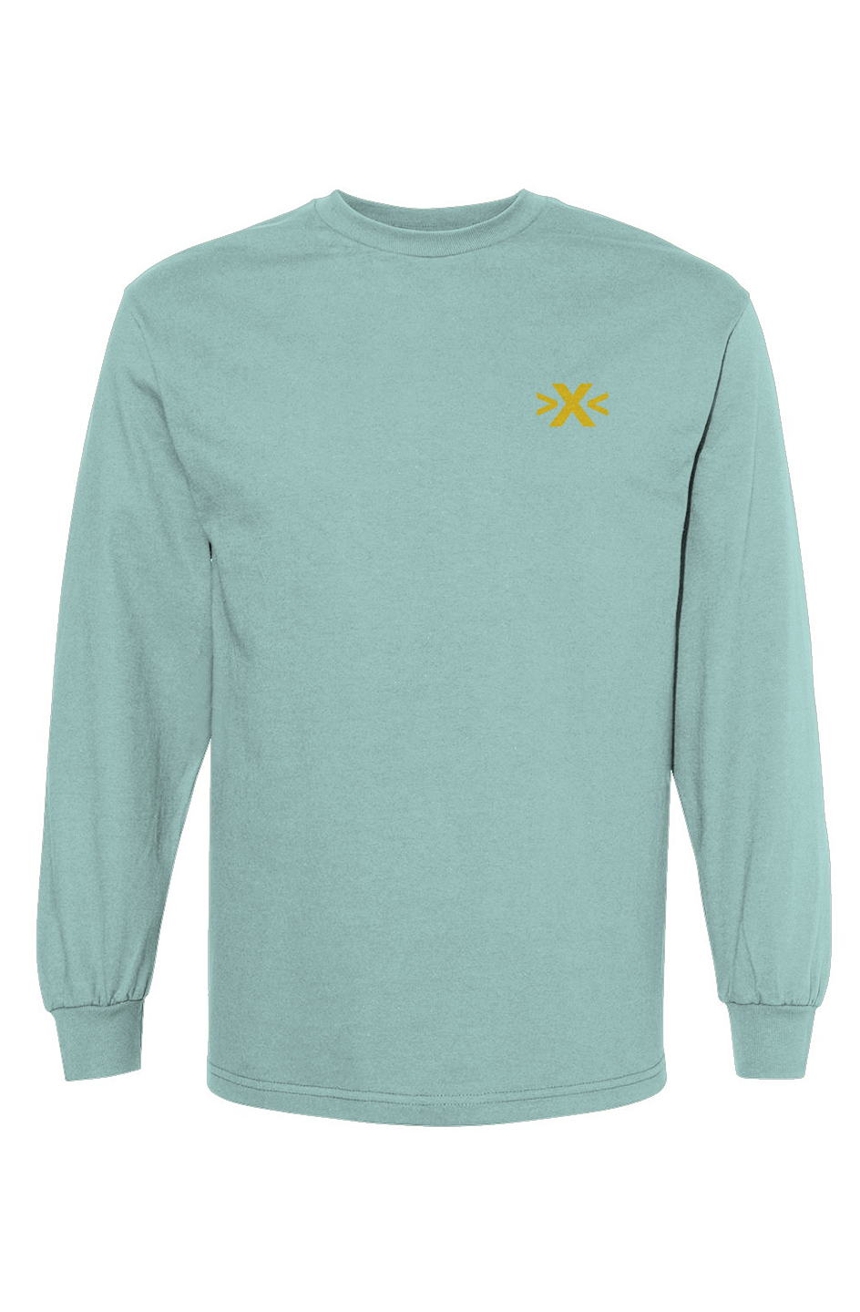 Light blue long-sleeve shirt with a yellow logo on a white background.X Cruiser Yellow Embroidered Heavyweight T-Shirt