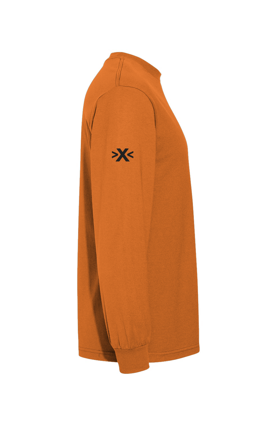 Orange long-sleeve shirt with a black logo on the sleeve against a white background. X Cruiser Black Embroidered Heavyweight T-Shirt