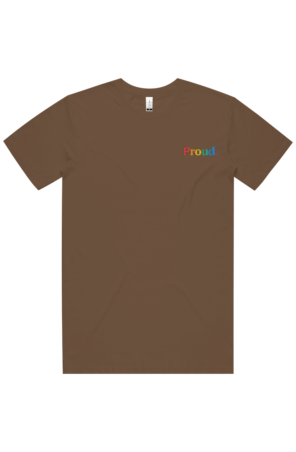 Brown t-shirt with 'proud' text in multicolor on a white background