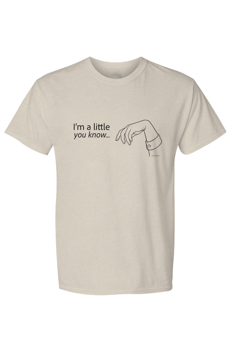 Beige t-shirt with text and graphic on a white background X Collection: Limp Wrist Tri-Blend Graphic Tee. Funny gay shirts, funny pride shirts, pride t-shirts by Pride Clothing Co. 