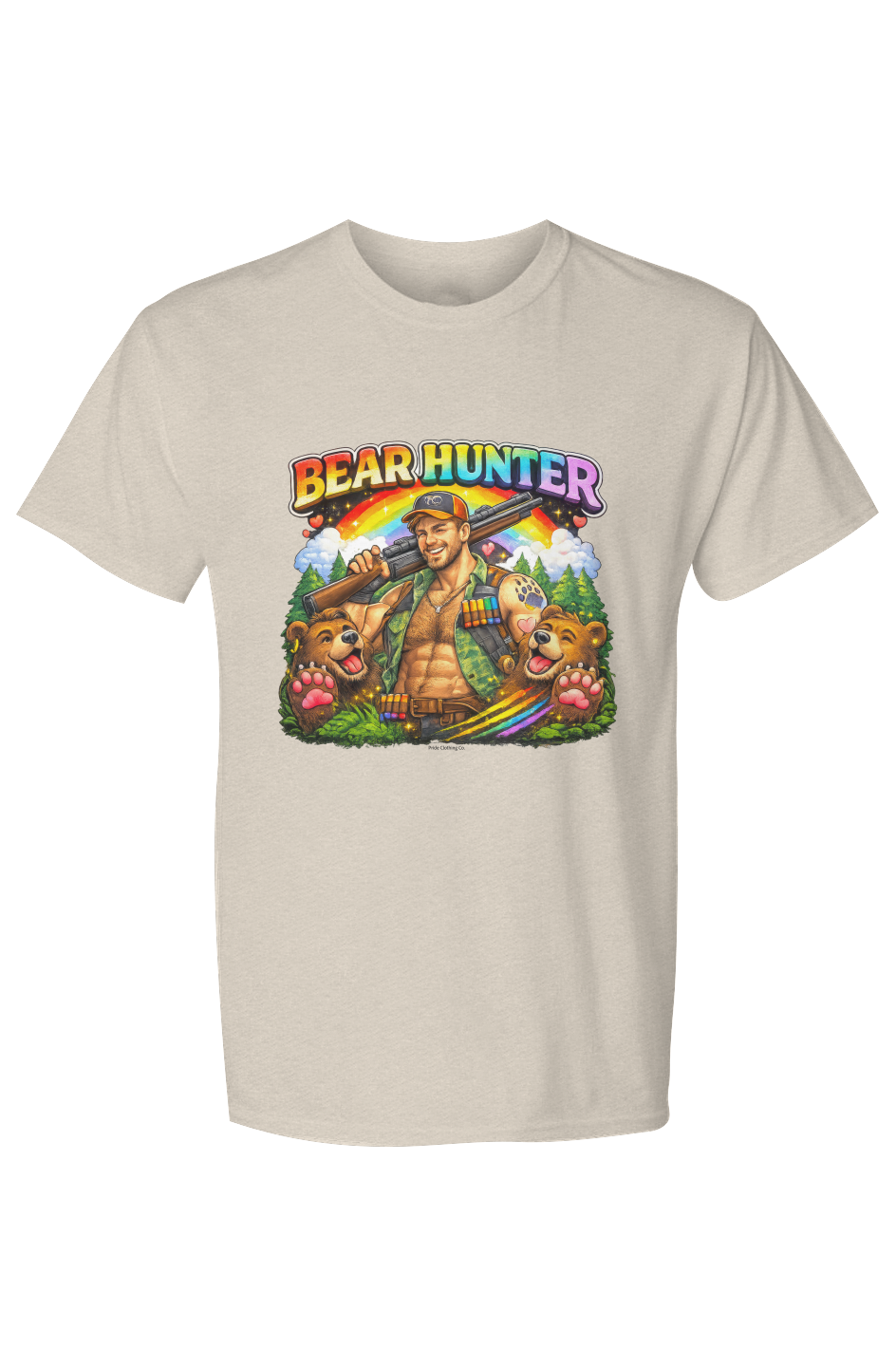 Beige t-shirt with a colorful graphic of a bear hunter and rainbow on a white background X Collection: Bear Hunter Tri-Blend Graphic Tee. Funny gay t-shirts and pride shirts by Pride Clothing Co.