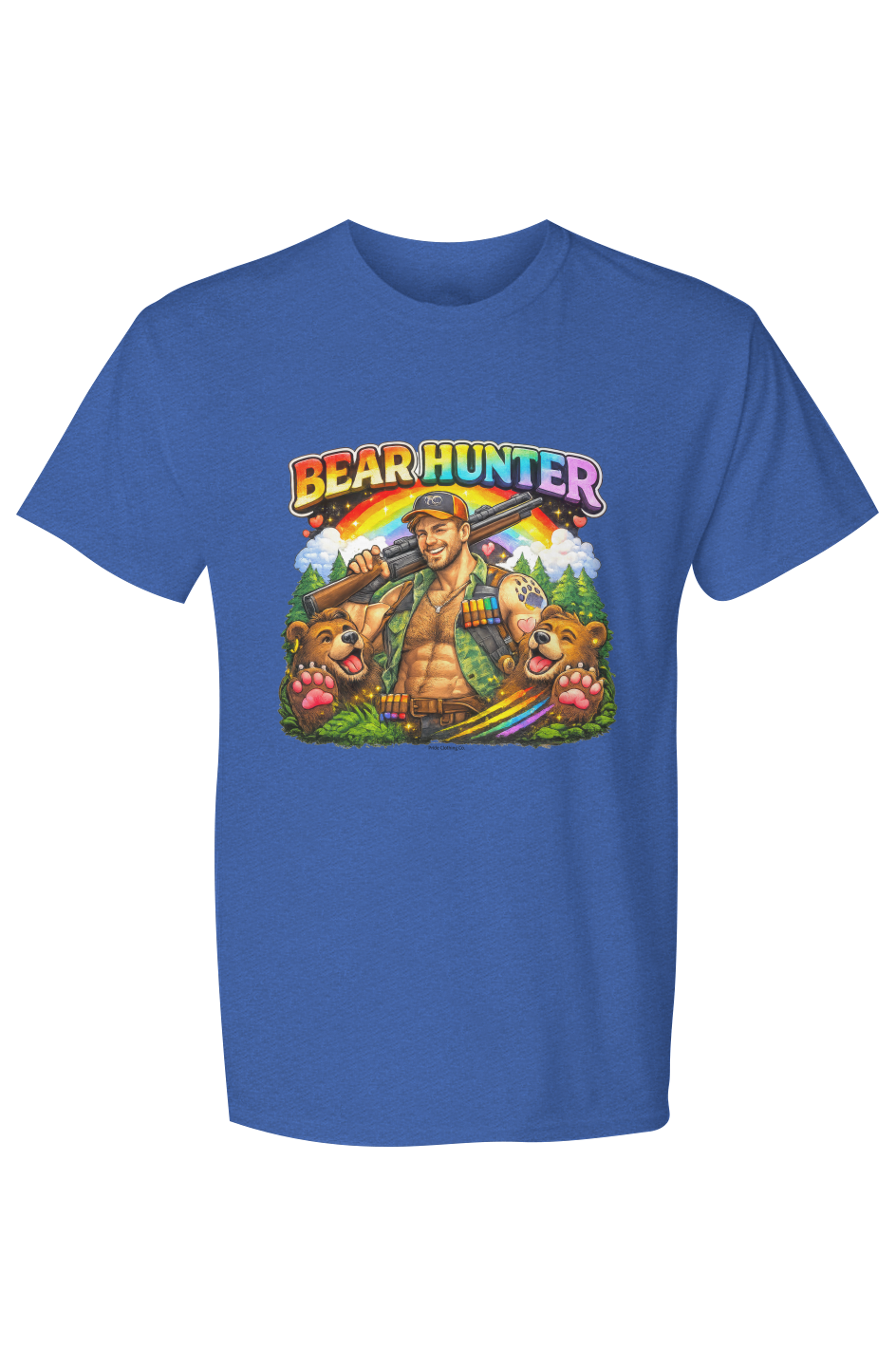 Blue t-shirt with a bear hunter graphic on a white background X Collection: Bear Hunter Tri-Blend Graphic Tee. Funny gay t-shirts and pride shirts by Pride Clothing Co.