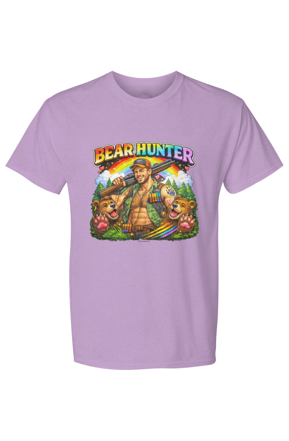 Purple t-shirt with bear hunter graphic design on a white background. X Collection: Bear Hunter Tri-Blend Graphic Tee. Funny gay t-shirts and pride shirts by Pride Clothing Co.