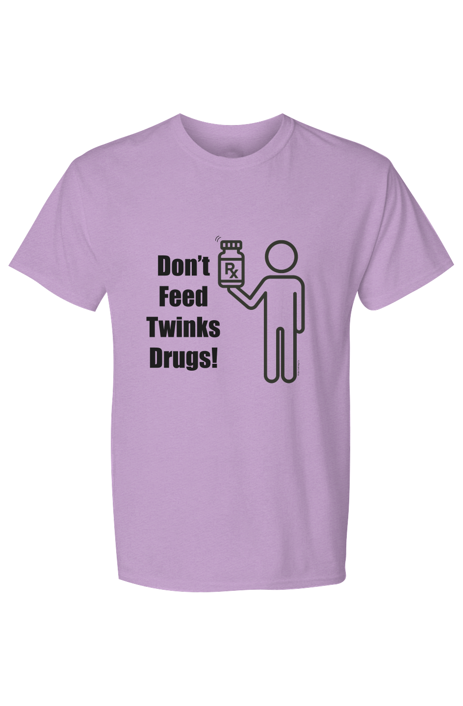 Purple t-shirt with black text and graphic on a white background. Don't Feed Twinks Drugs Funny Gay Graphic Pride Tee Shirt