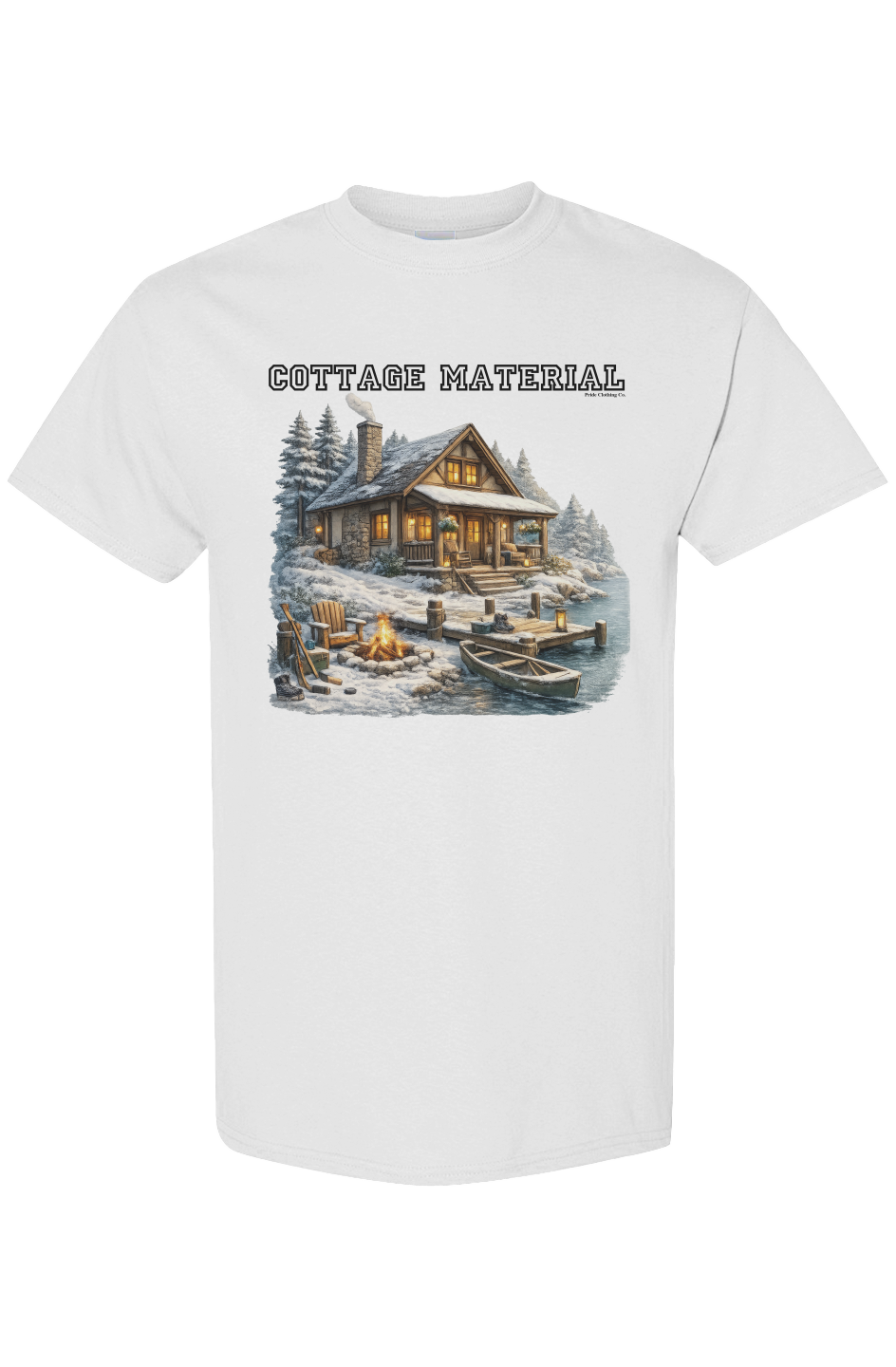 White t-shirt with a graphic of a cabin and 'Cottage Material' text on a white background X Collection Express Edition: Cottage Material Graphic Tee - Funny Gay Shirts - Funny Pride Shirts - Pride Shirts - Pride T-Shirt.