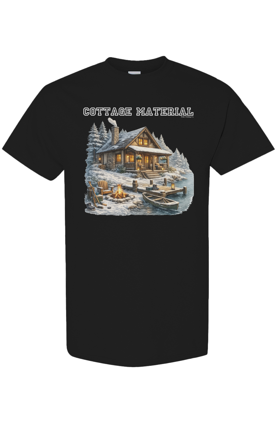 White t-shirt with a graphic of a cabin and 'Cottage Material' text on a white background X Collection Express Edition: Cottage Material Graphic Tee - Funny Gay Shirts - Funny Pride Shirts - Pride Shirts - Pride T-Shirt.