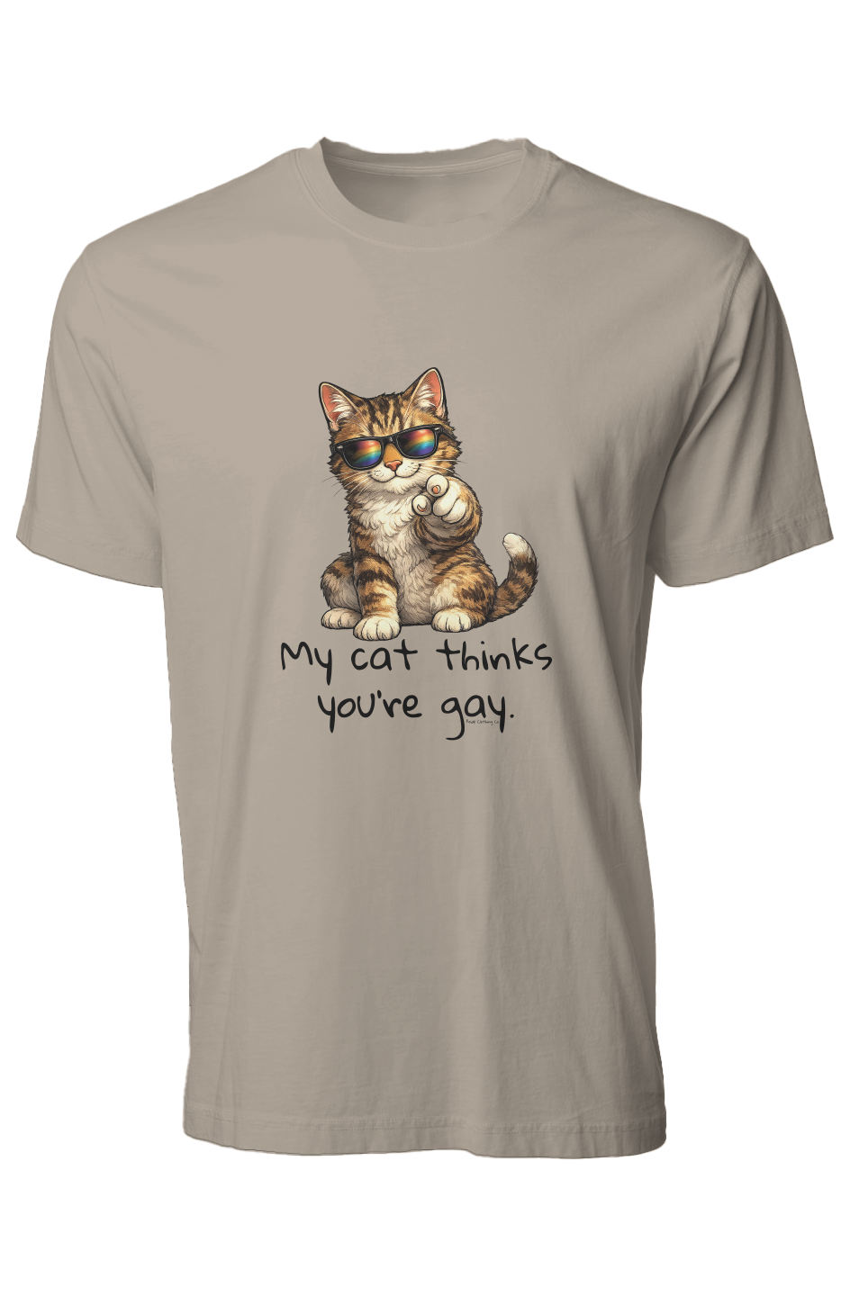 T-shirt with a cat graphic and text on a beige background X Collection: My Cat Thinks You're Gay - Pigment Dyed Graphic Tee - Pride Shirts - Pride T-Shirt - Funny Pride Shirt - Pride Clothing Co.