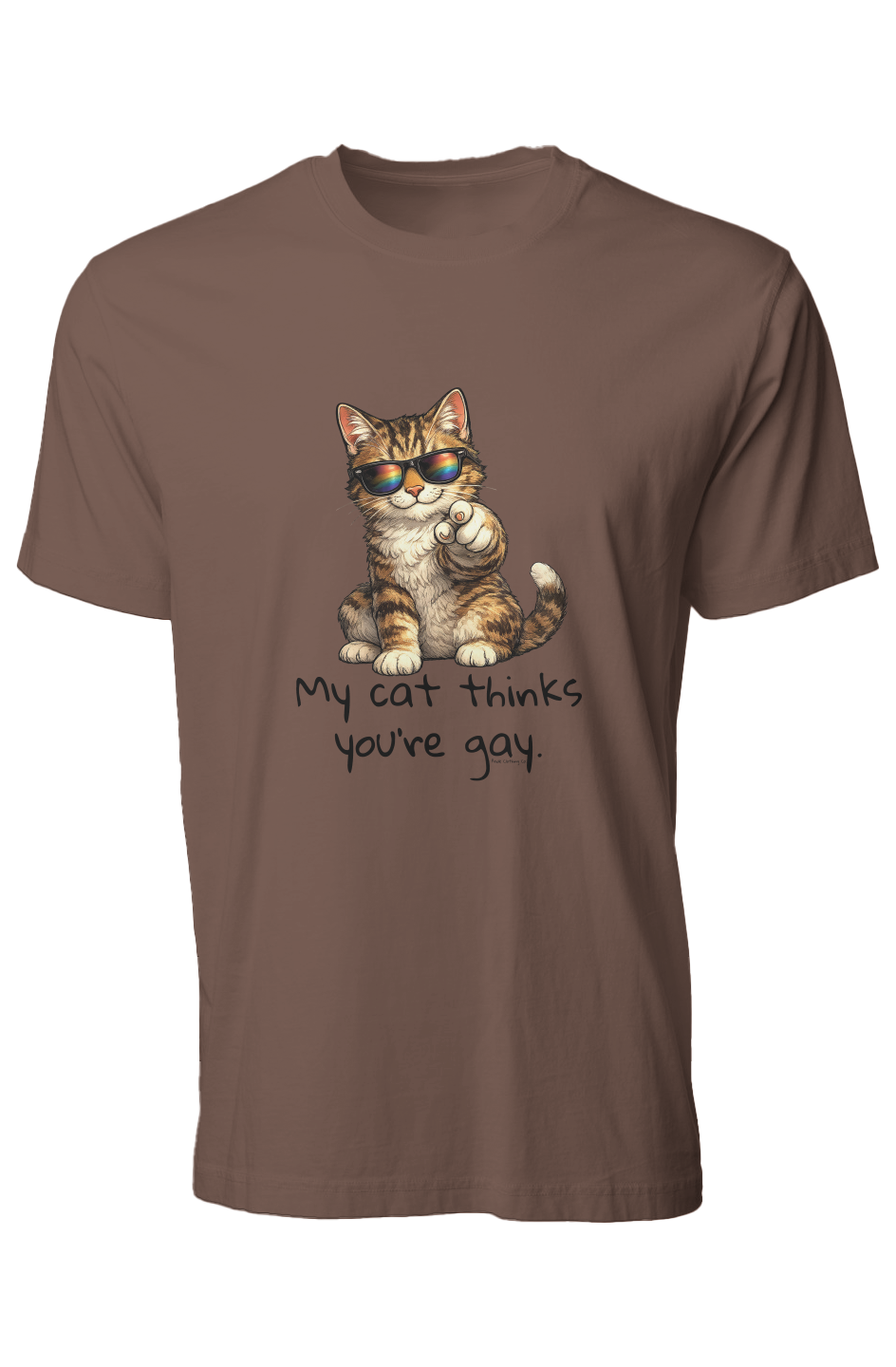 Brown t-shirt with a cat graphic and text on a white background X Collection: My Cat Thinks You're Gay - Pigment Dyed Graphic Tee - Pride Shirts - Pride T-Shirt - Funny Pride Shirt - Pride Clothing Co.