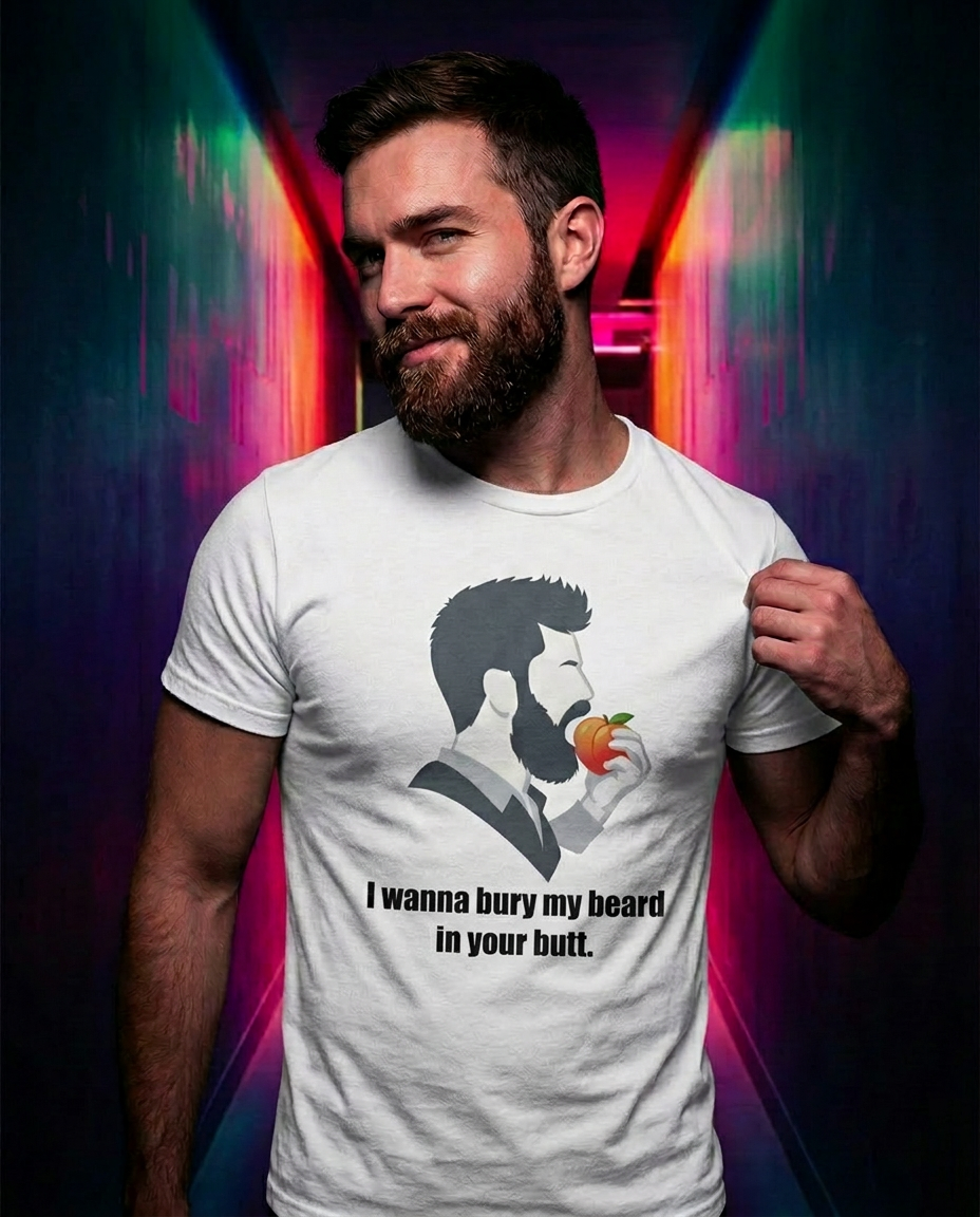 Man wearing X Collection: Express Edition - Large Logo Bury My Beard In Your Butt Graphic Tee. Funny Gay Shirts, Funny Pride Shirts, and Pride T-Shirts by Pride Clothing Co.