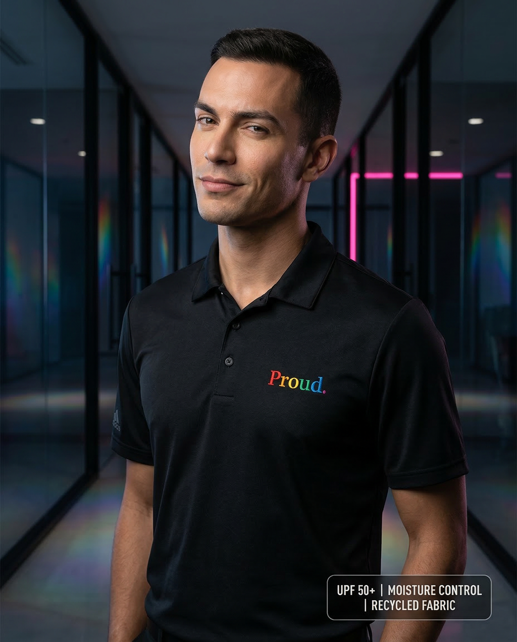 Man wearing a black polo shirt with 'Proud.' text in a modern indoor setting, Proud Adidas Performance Polo