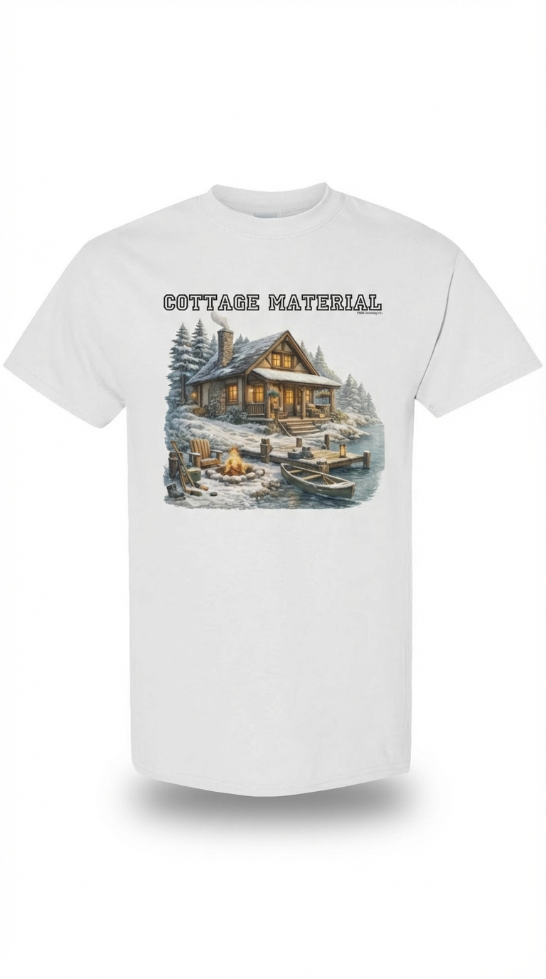 White t-shirt with a graphic of a cabin and 'Cottage Material' text on a white background X Collection Express Edition: Cottage Material Graphic Tee - Funny Gay Shirts - Funny Pride Shirts - Pride Shirts - Pride T-Shirt.