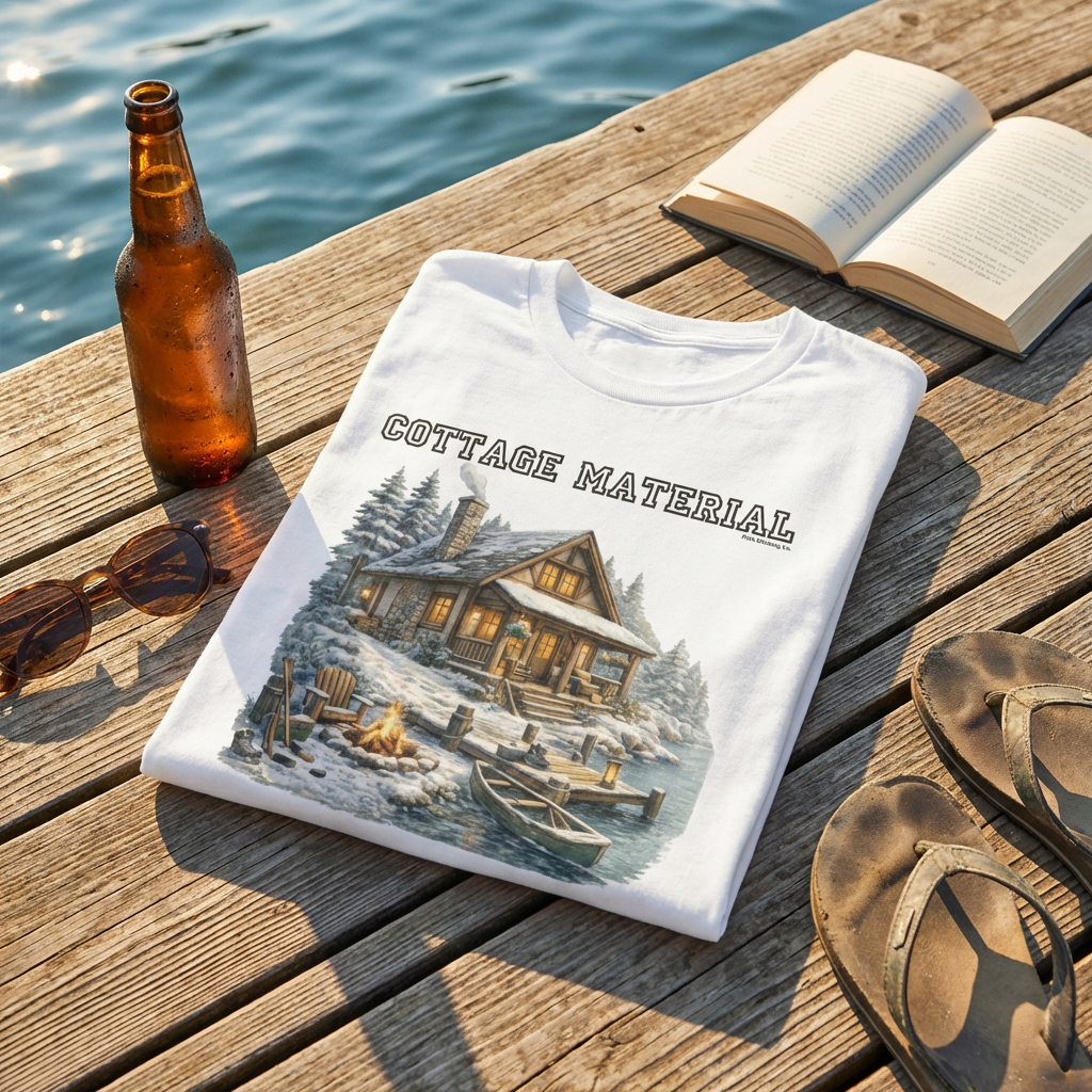 White t-shirt with a cabin design and 'Cottage Material' text on a wooden dock with a beer bottle, book, and sandals. White t-shirt with a graphic of a cabin and 'Cottage Material' text on a white background X Collection Express Edition: Cottage Material Graphic Tee - Funny Gay Shirts - Funny Pride Shirts - Pride Shirts - Pride T-Shirt.