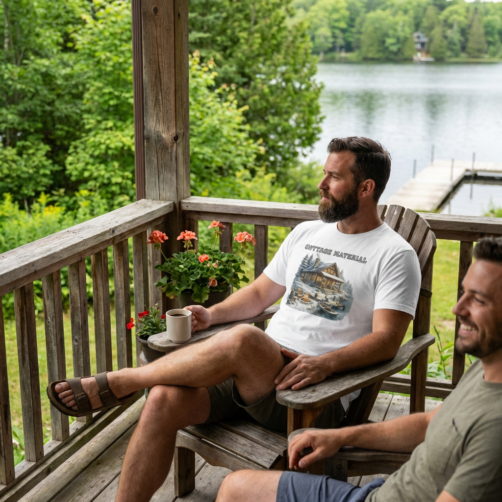Two men sitting on a wooden deck overlooking a lake with trees and flowers. White t-shirt with a graphic of a cabin and 'Cottage Material' text on a white background X Collection Express Edition: Cottage Material Graphic Tee - Funny Gay Shirts - Funny Pride Shirts - Pride Shirts - Pride T-Shirt.