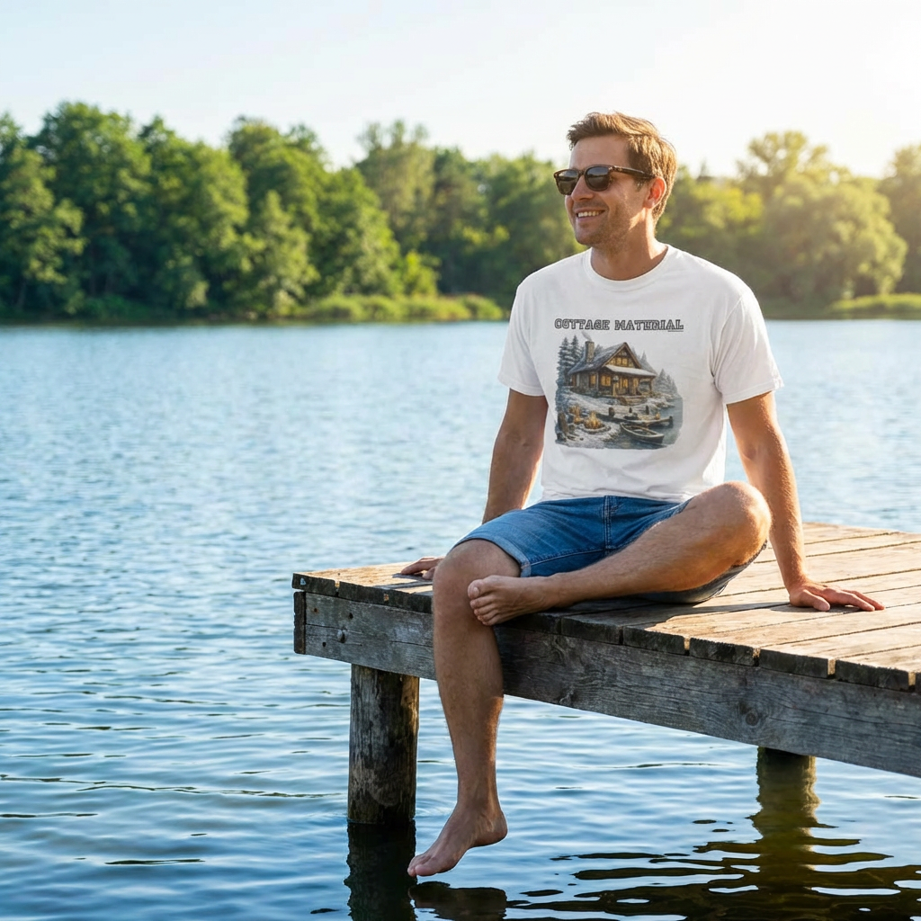 White t-shirt with a graphic of a cabin and 'Cottage Material' text on a white background X Collection Express Edition: Cottage Material Graphic Tee - Funny Gay Shirts - Funny Pride Shirts - Pride Shirts - Pride T-Shirt.