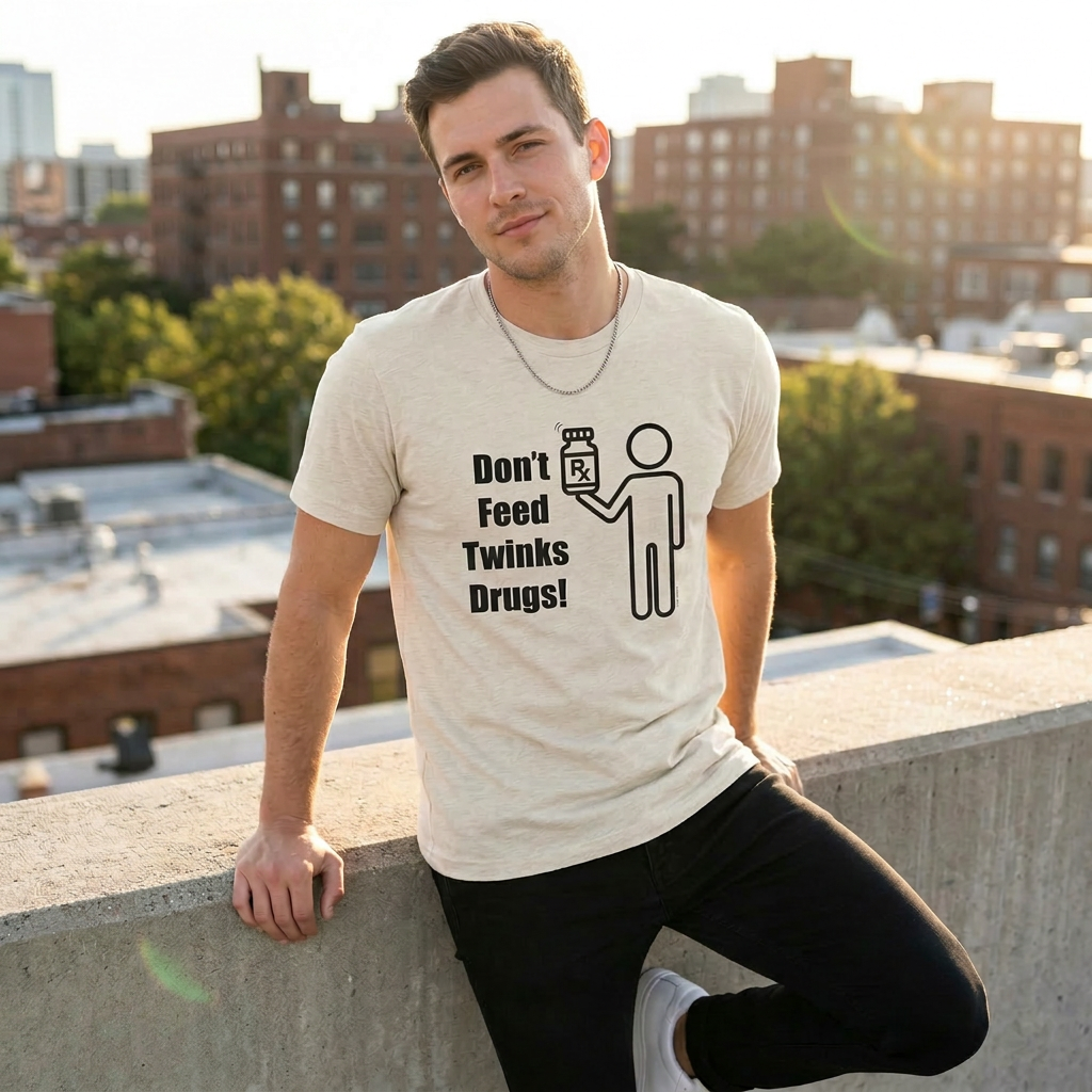 Man wearing a t-shirt with a graphic and text on a rooftop with cityscape background.  X Collection: Don't Feed Twinks Drugs Tri-Blend Graphic Tee. Funny gay shirts and pride shirts made by Pride Clothing Co. 