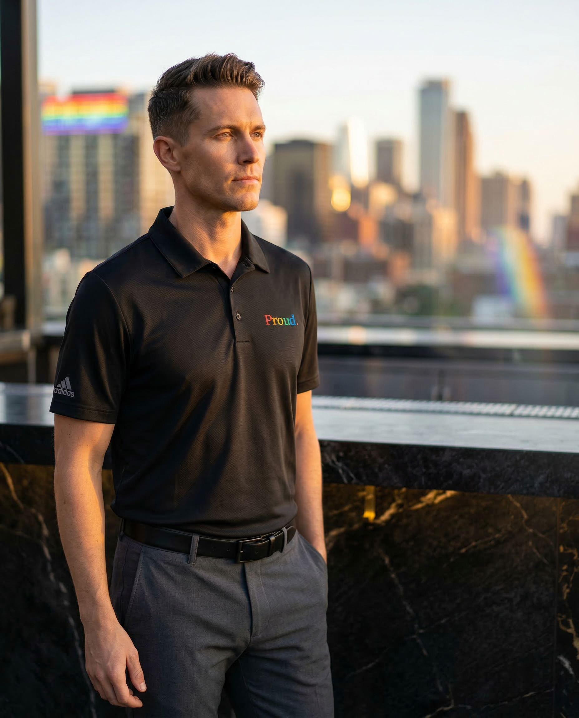 Man wearing a black polo shirt with logos, standing in front of a city skyline with a rainbow flag. Proud. Adidas Performance Polo