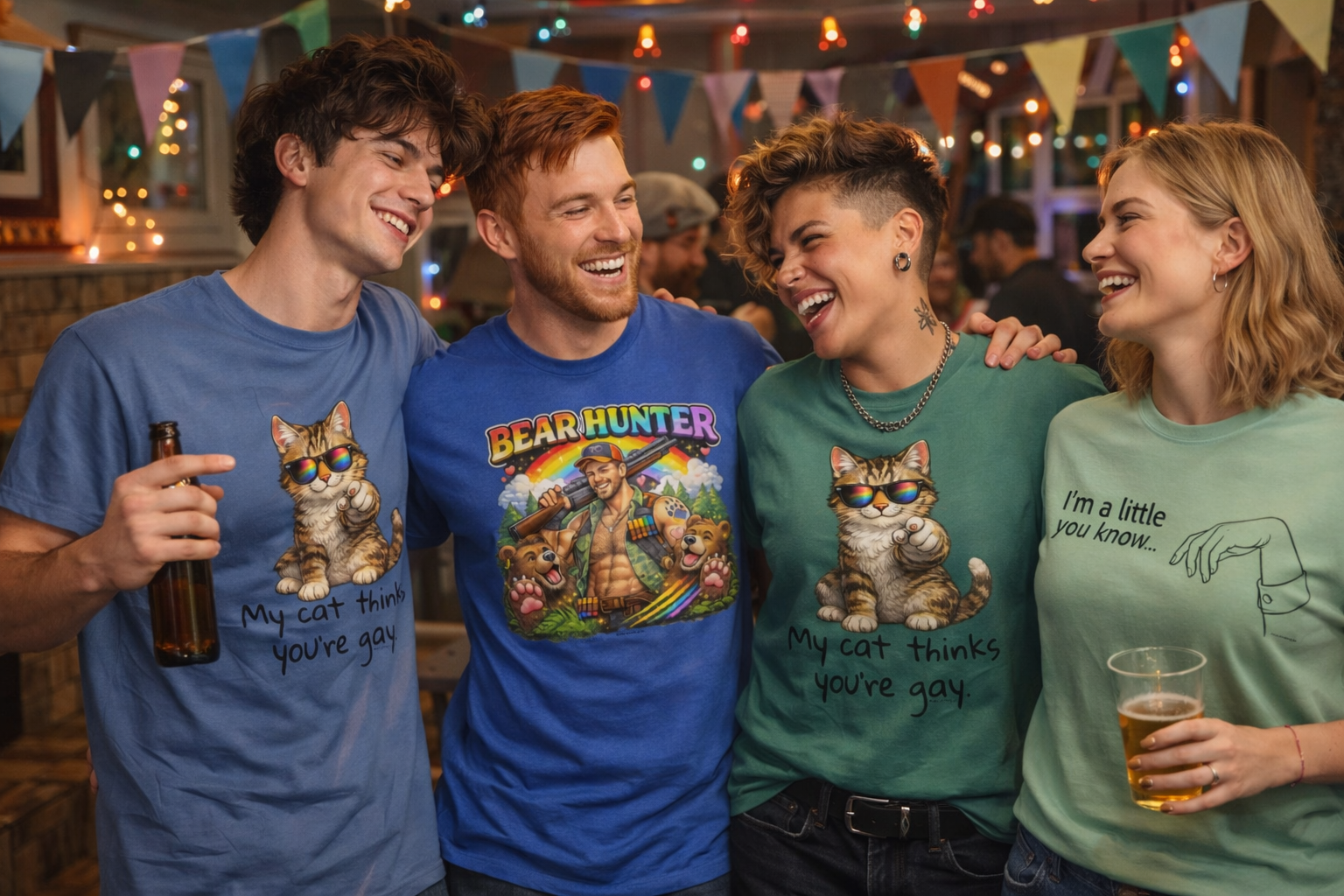 Four friends wearing t-shirts with cat-themed designs and humorous text, standing together in a casual setting.