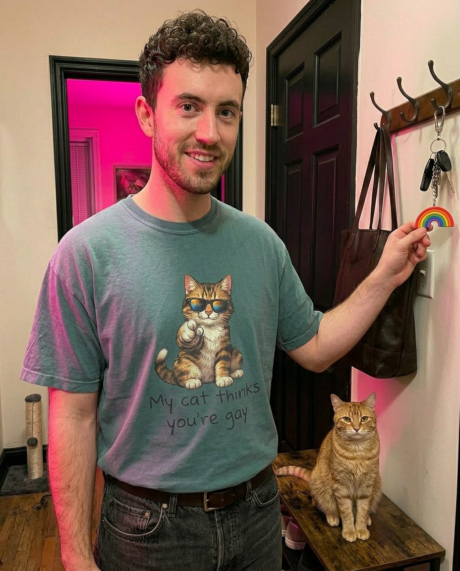 X Collection: My Cat Thinks You're Gay - Pigment Dyed Graphic Tee - Pride Shirts - Pride T-Shirt - Funny Pride Shirt - Pride Clothing Co.