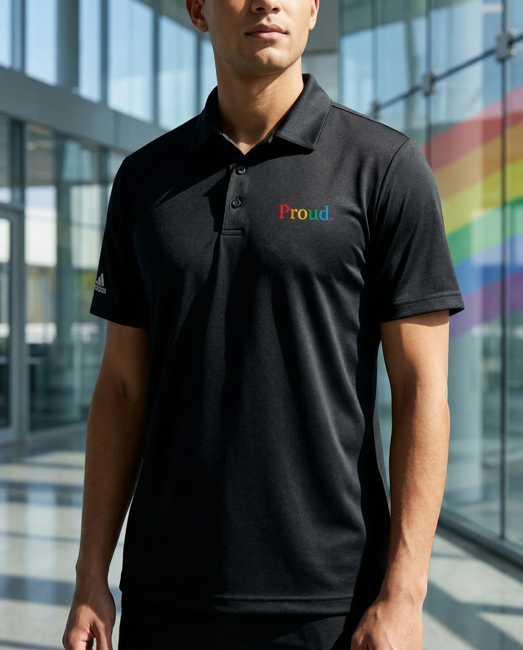 Man wearing a black polo shirt with 'Proud' text in rainbow colors, standing in a modern indoor setting. Proud Adidas Performance Polo