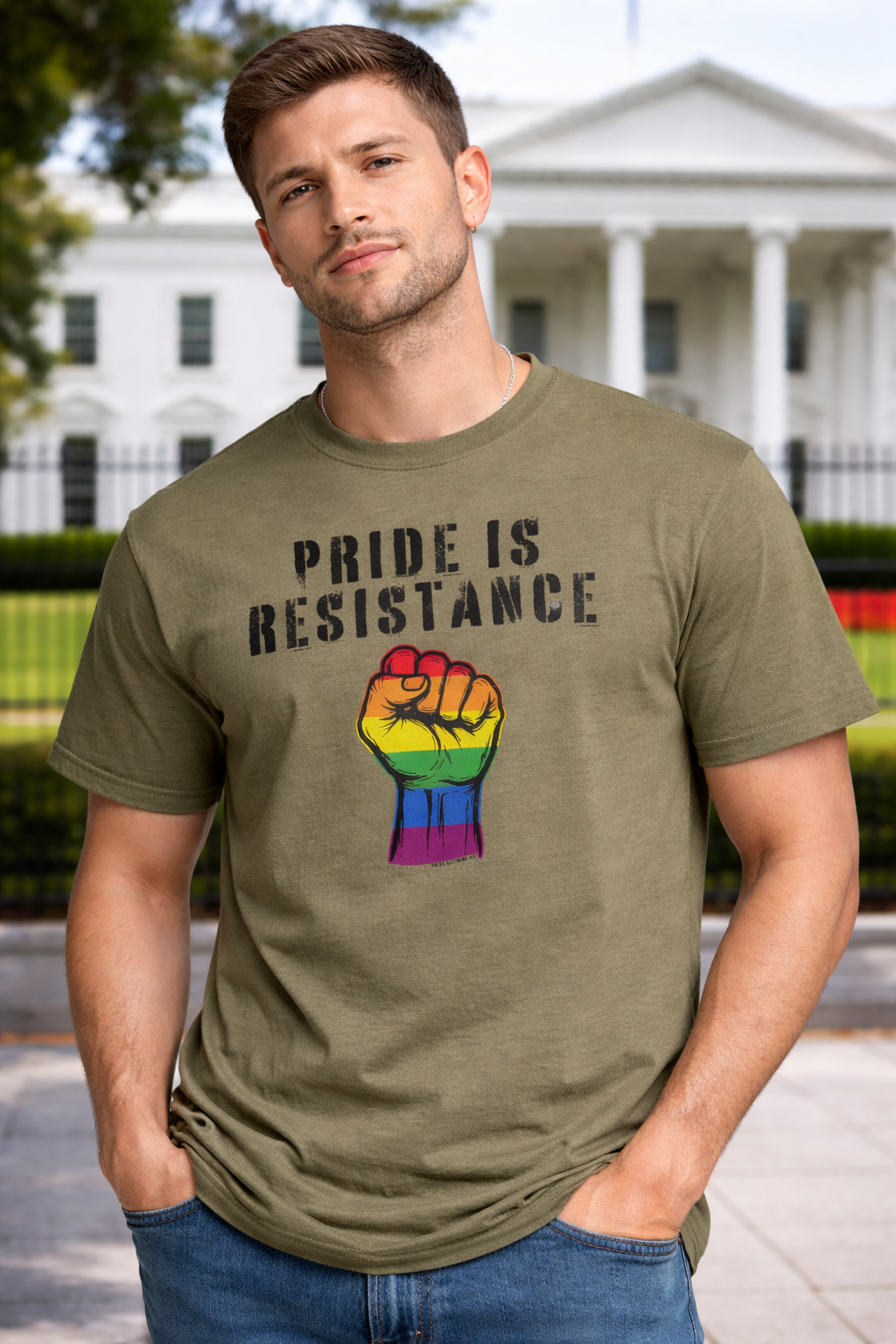 PCC/X Collection Pride Is Resistance Graphic Tee in Military Green. Model is standing in front of the US Whitehouse.