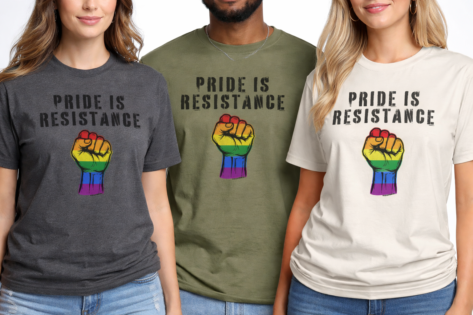 Group of friends showing off the PCC/X Collection Pride Is Resistance Graphic Tee in Grey, Green, White.