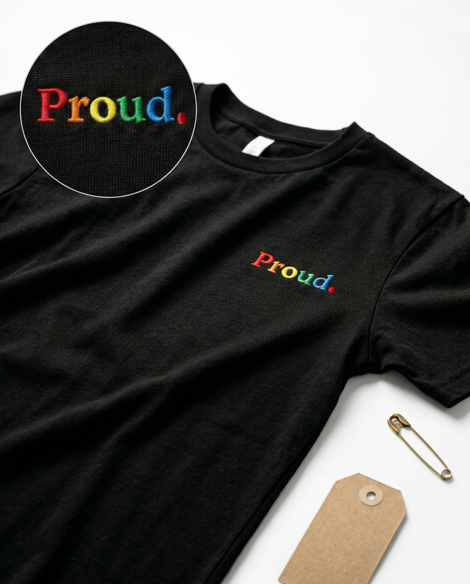Black t-shirt with 'Proud.' in rainbow colors, close-up of text, and gold pin on white background. The Pride Shirt: Embroidered Proud Premium Cotton Short Sleeve T-Shirt