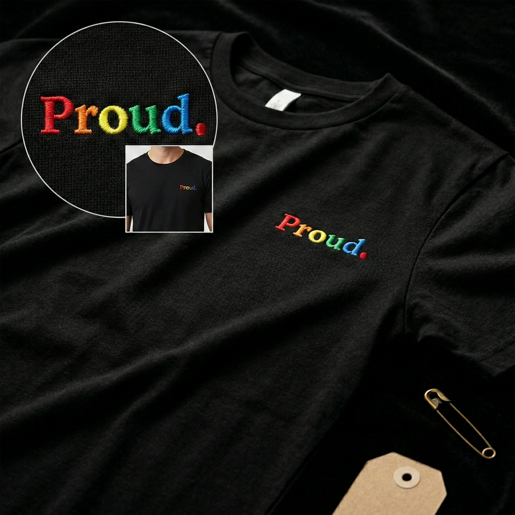 Black t-shirt with 'Proud.' in rainbow colors and a close-up inset. The Pride Shirt: Embroidered Proud Premium Cotton Short Sleeve T-Shirt