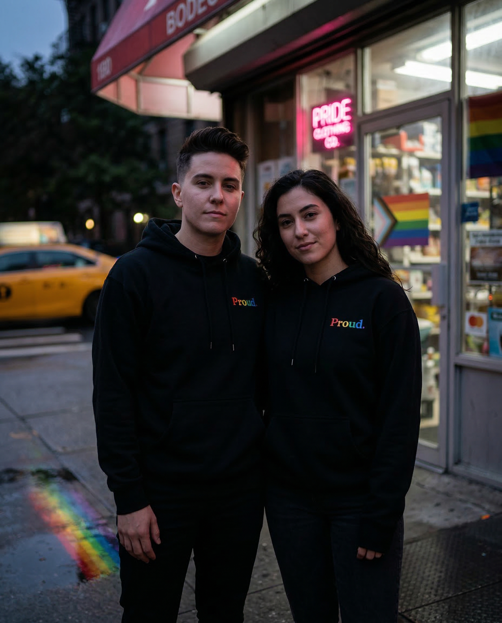 Two people wearing black hoodies with rainbow 'Proud' text in front of a store with a Pride sign. Proud Premium Pullover Hoodie