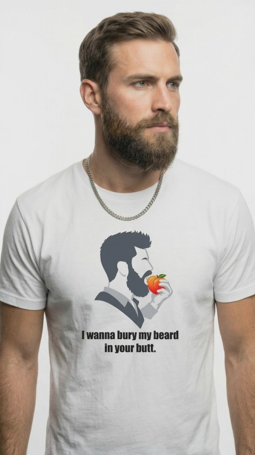 Man wearing X Collection: Express Edition - Large Logo Bury My Beard In Your Butt Graphic Tee. Funny Gay Shirts, Funny Pride Shirts, and Pride T-Shirts by Pride Clothing Co.